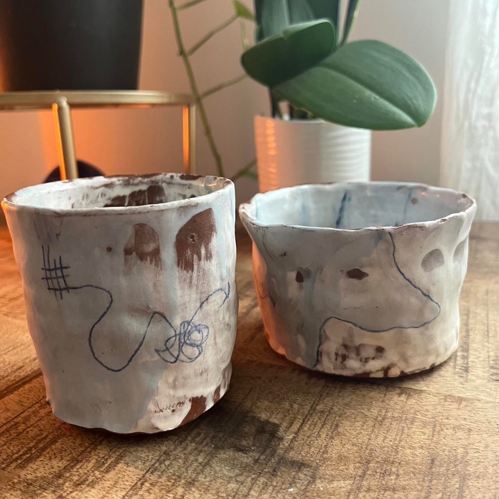 set of 2 handmade & hand painted abstract creamy white & blue vessels / cups